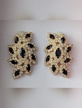 Gold-Tone Clip-On Earrings w/Marquis-Cut Black Stones Surrounded By Rhinestones